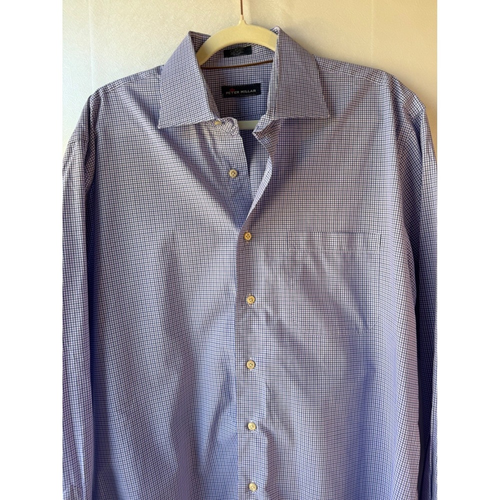 Peter Millar Mens Purple White Gingham Check Button Down Shirt Size 17 43cm L - Picture 3 of 8